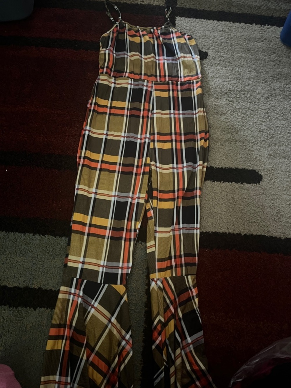 Plaid Wide-Leg Jumpsuit in Olive and Orange